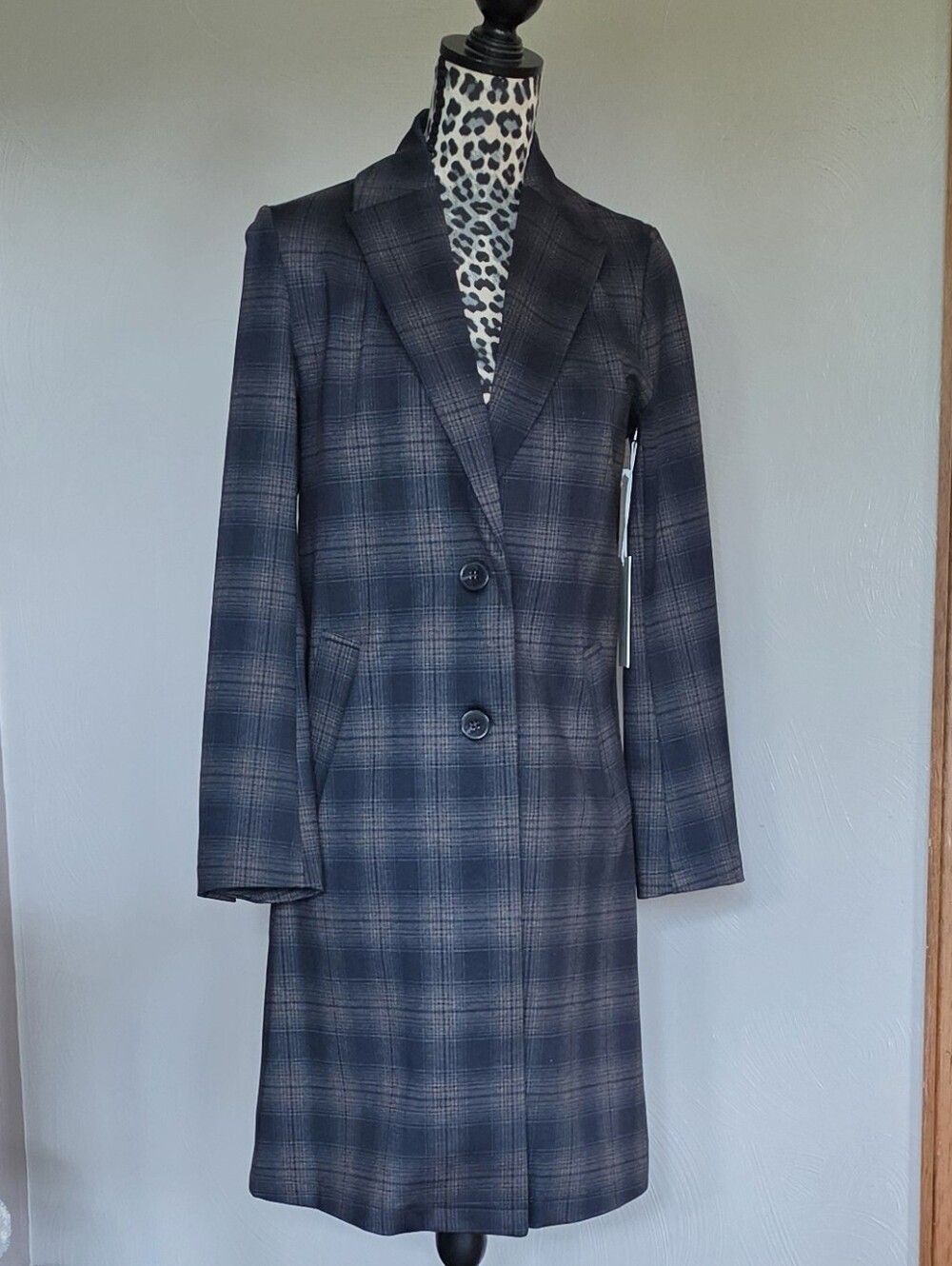 Joie Tailored Plaid Trench Coat in Blue-Gray NWT